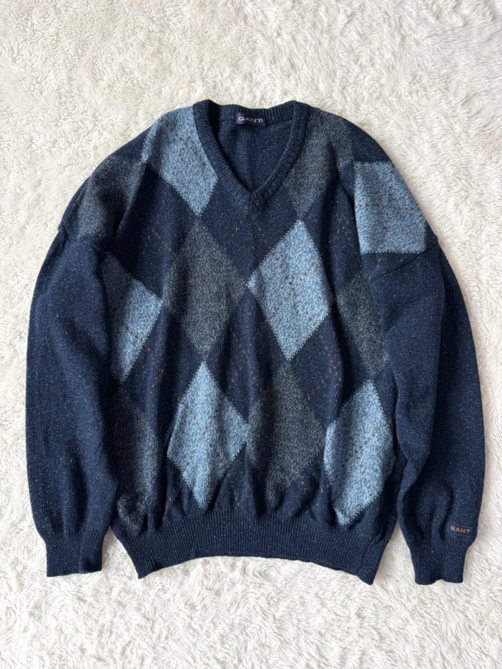 VTG 90s 80s Men Blue Wool Argyle Fisherman Pullover Sweater LARGE Retro Preppy